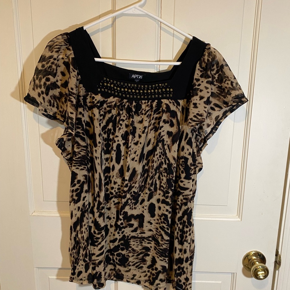 Apt. 9 Black and Cream Animal Print Beaded Blouse - 1X